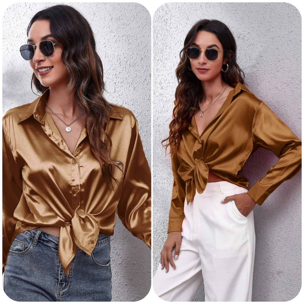 Caramel Collared Neck Buttoned Long Sleeve Shirt